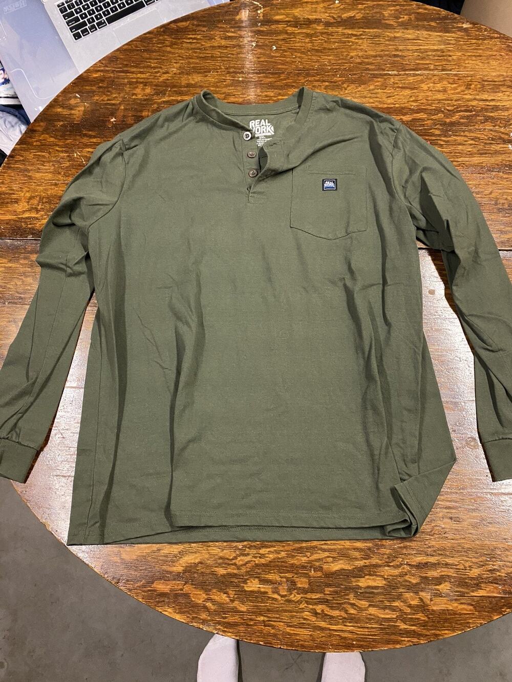 Real Work Long Sleeve Polyester T-Shirt 2XL Work Shirt Green Front Pocket